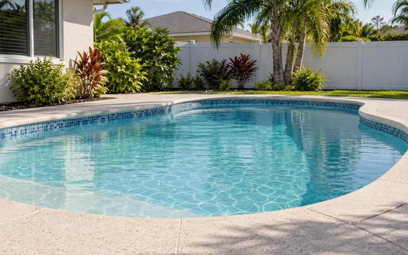 Illustrative Florida backyard pool with blue waterline tile and pale coping